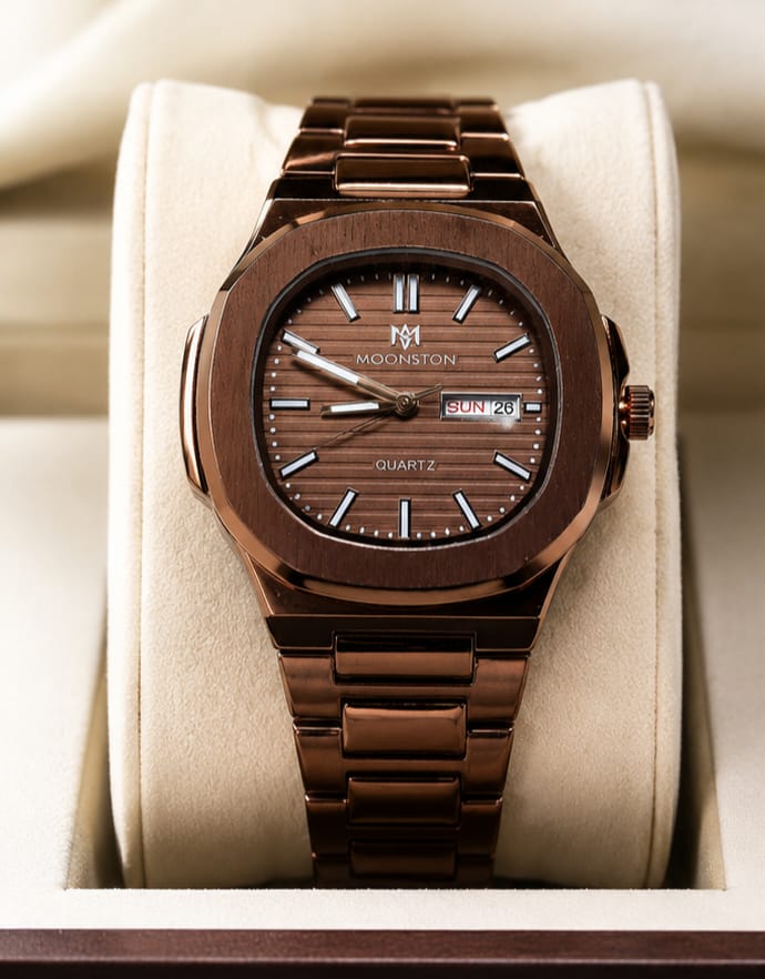 Moonston Men's Brown Stainless Steel Quartz Watch with Day & Date Display
