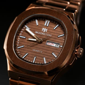 Moonston Men's Brown Stainless Steel Quartz Watch with Day & Date Display