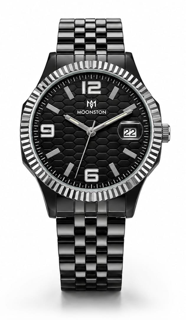 Moonston Men's Black Stainless Steel Quartz Watch with Date Display