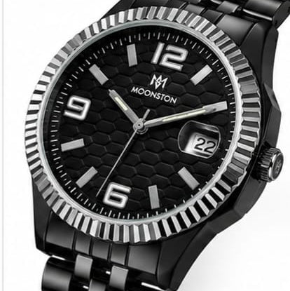 Moonston Men's Black Stainless Steel Quartz Watch with Date Display